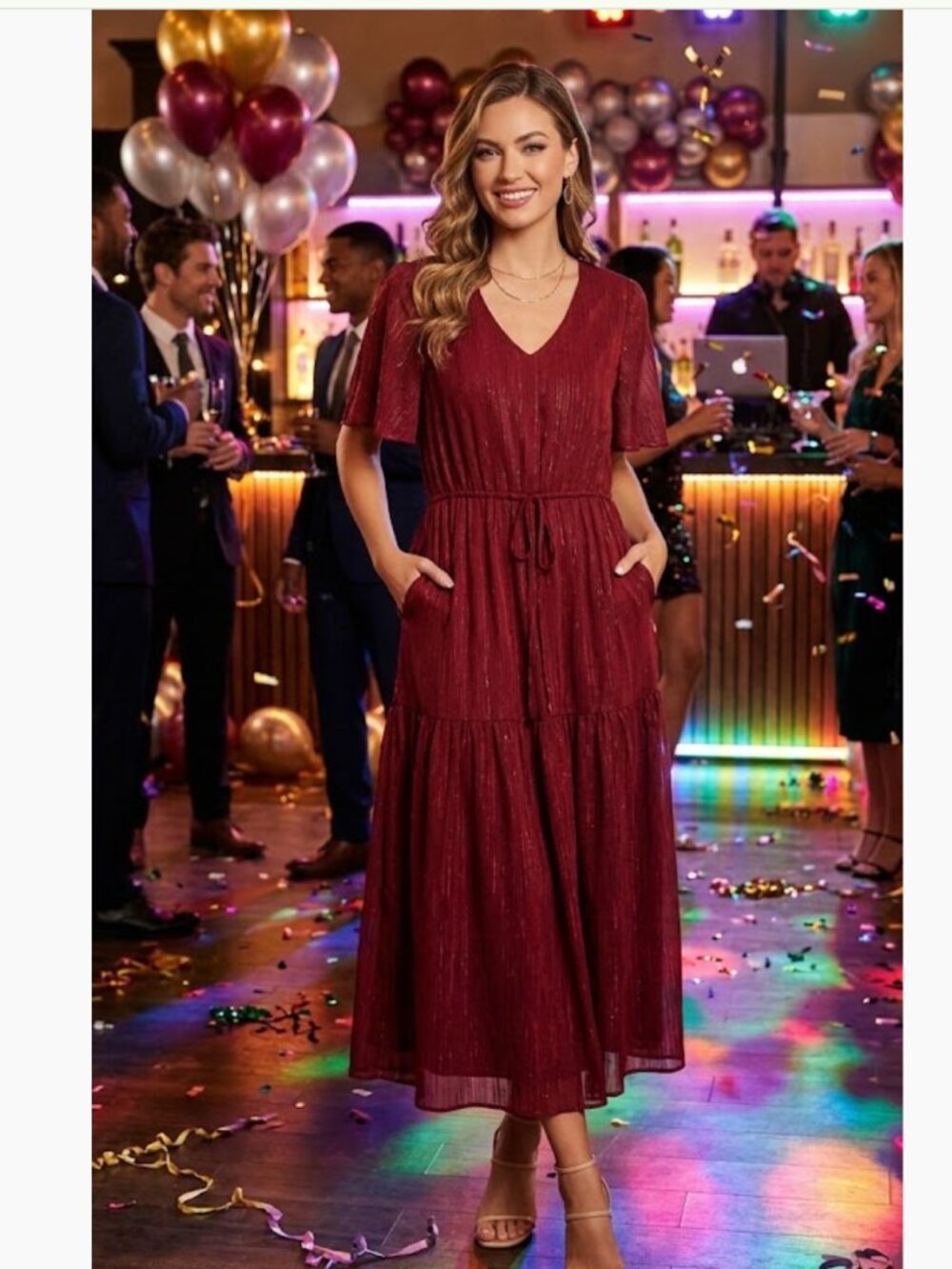 NWT DONNA RICCO Women's Flutter-sleeve Midi Dress In Wine
